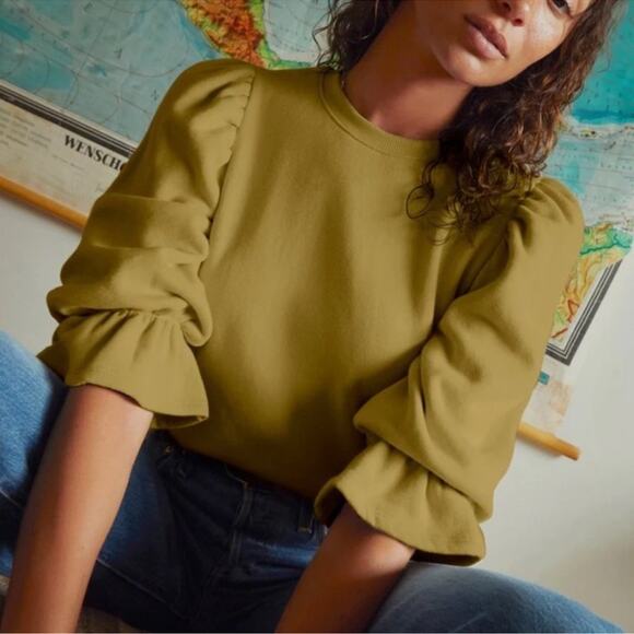 Nation LTD Frances Renaissance Sleeve Sweatshirt Pea Green Size M Minimal Preppy - Picture 1 of 14
